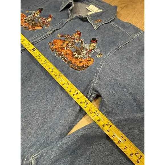 Vintage 90s Embroidered Autumn Scarcrow Shirt M Button Cotton Granny Kitch - Picture 4 of 7